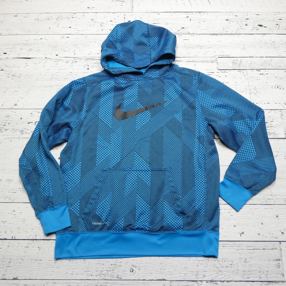 Nike Therma-FIT Hoodie Youth XL Blue Geometric Pullover Sweatshirt Swoosh Fleece